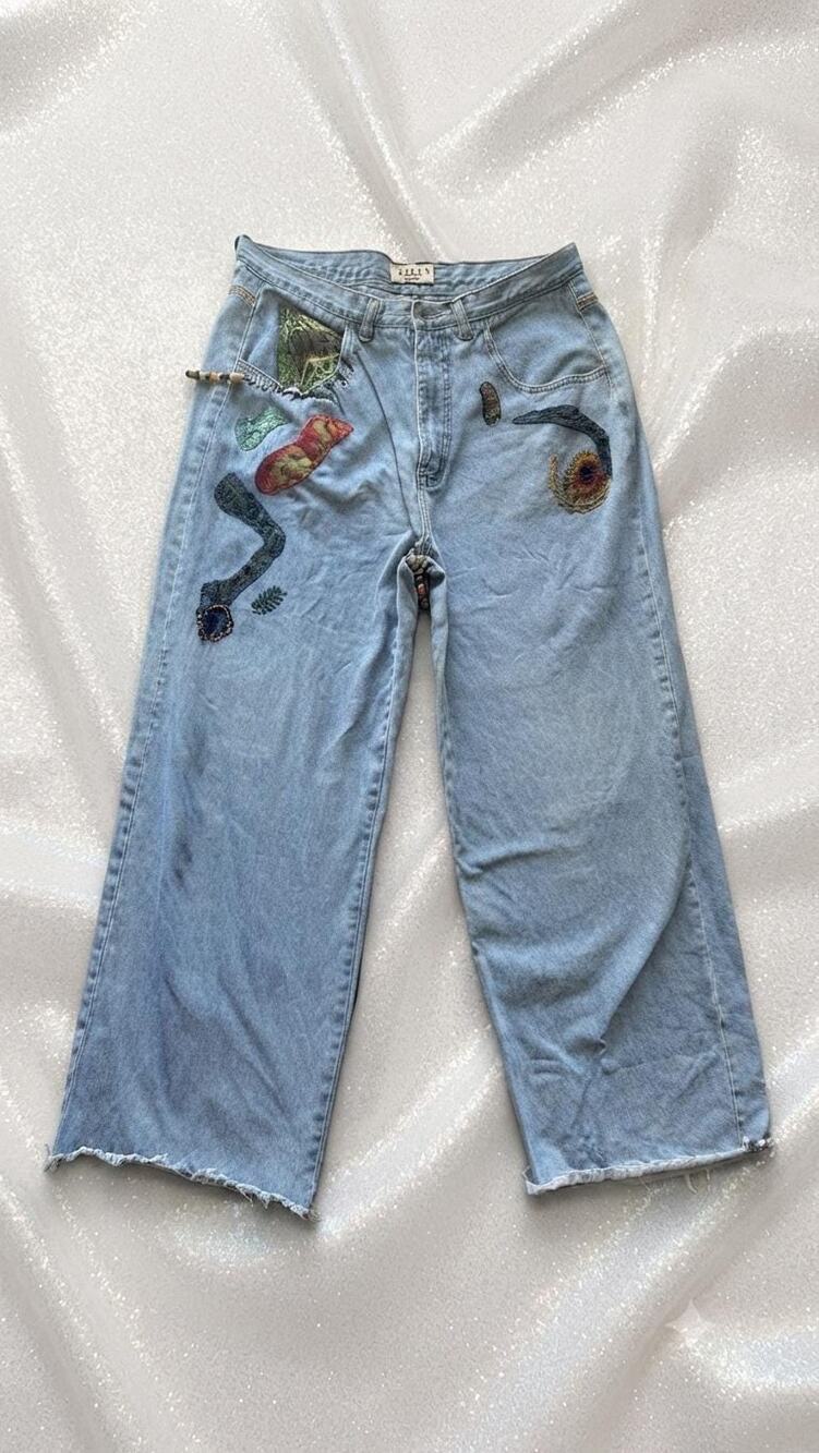 Vintage Venezia Wide Leg Mixed Media Jeans 100% Cotton Plus Size 18 / 35 Waist